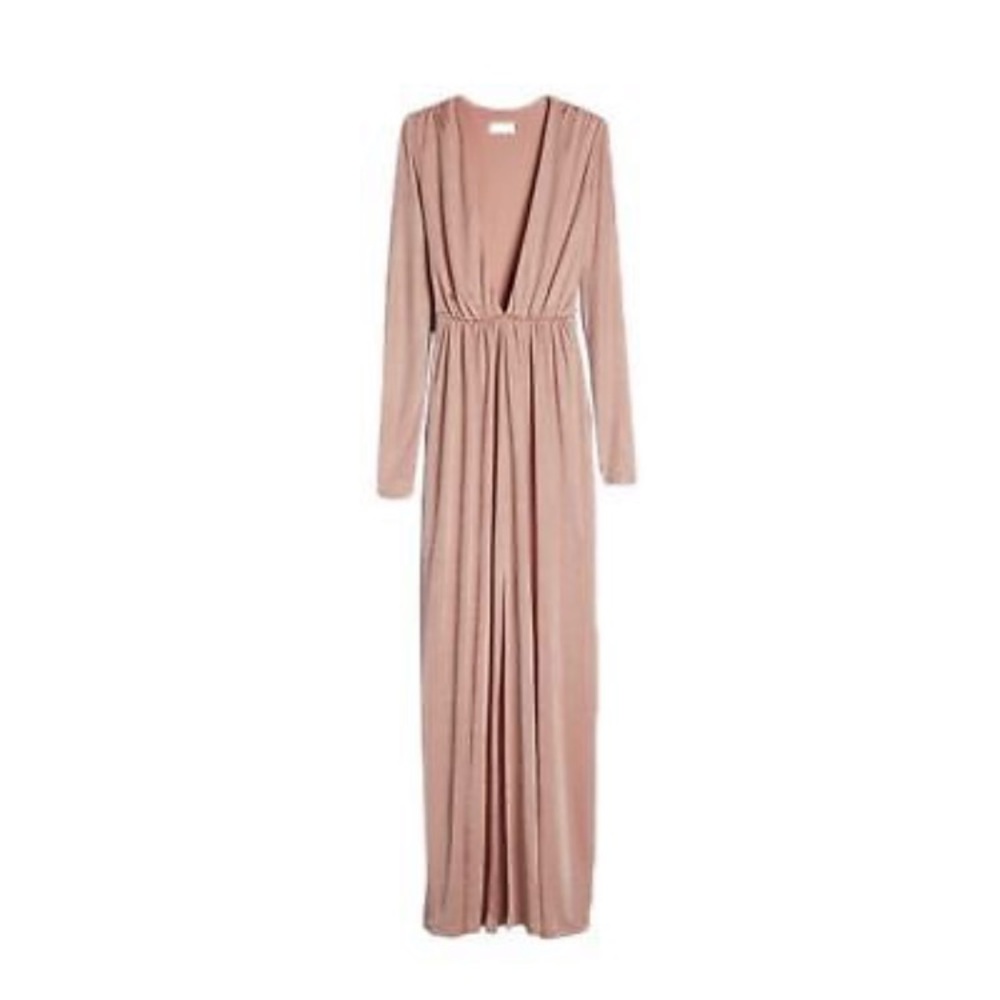 Pink Plunge Neck Maxi Dress Long Sleeve